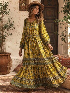 Violet Skies XL Boho Max Dress Tassels Golden Meadow Vacation Resort Flowy